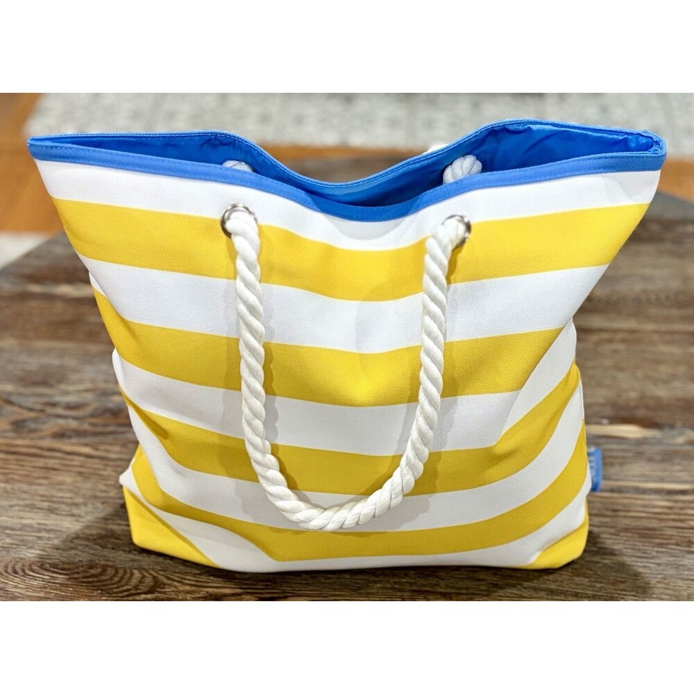 CLINIQUE Canvas Beach Tote Bag - Yellow & White Striped/Rope Handle - Y2K -NWT